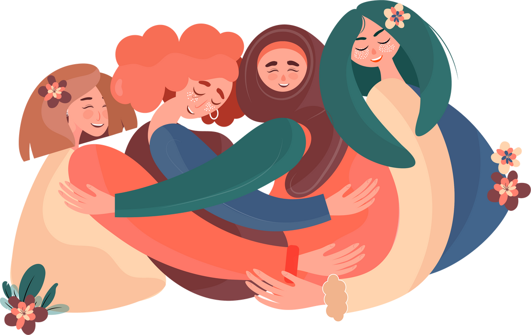 Four diverse women are hugging. Support, feminism and diversity